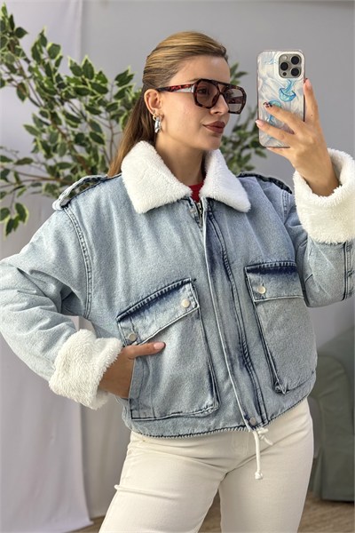 Kadın Peluş Beli Bağlamalı Fermuarlı Kot Mont Mavi