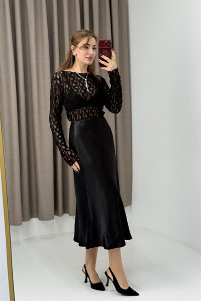 Beli Lastikli Midi Boy Saten Etek Sİyah