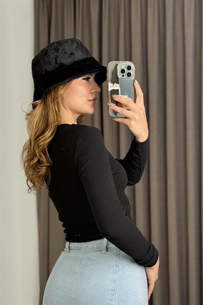 Kadın Uzun Kollu Kaşkorse  Kot Üzerine Yıldız Nakışlı Crop Bluz Siyah