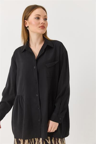 Siyah Oversize Eteği Fırfırlı  Düğmeli Yumuşak Dokulu Tunik Gömlek
