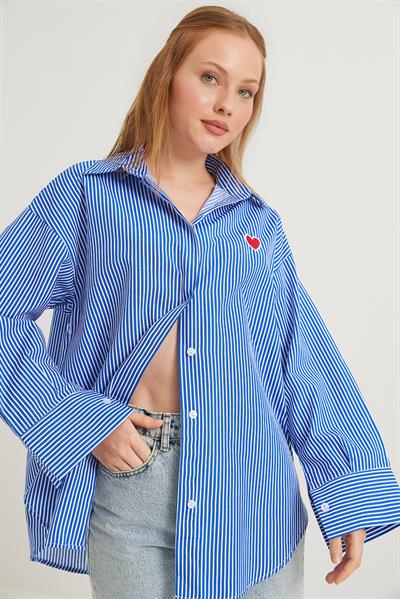 Kalp Nakışlı  Oversize Basic Gömlek Lacivert