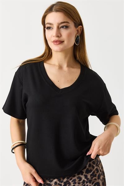 Kadın V Yaka Modal Kısa Kollu Tshirt  Siyah