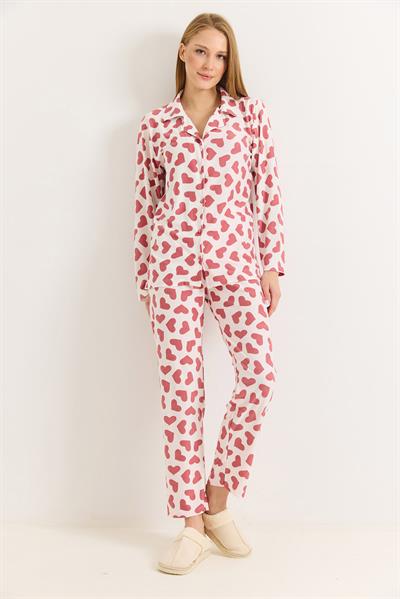 Kadın Pudra Pamuklu Polo Yaka  Beyaz Kalpli Pijama Takımı