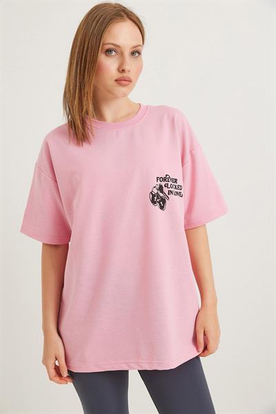 Baskılı Oversize İki İplik Tshirt Pembe