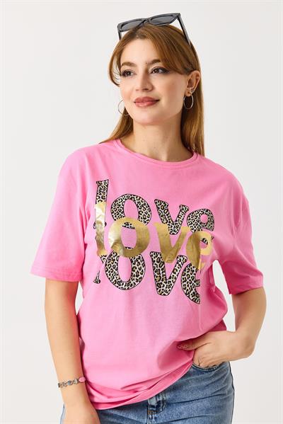 Kadın Bisiklet Yaka Kısa Kol Basic Tshirt Pembe