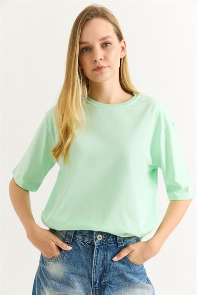 Oversize Bisiklet Yaka Basic Tshirt Yeşil