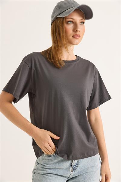 Bisiklet Yaka Kısa Kollu Fit Tshirt Füme