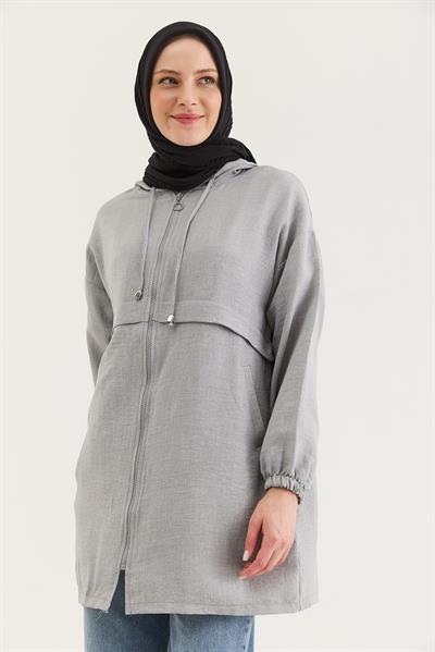 Araboy Kapşonlu Keten Tunik Gri