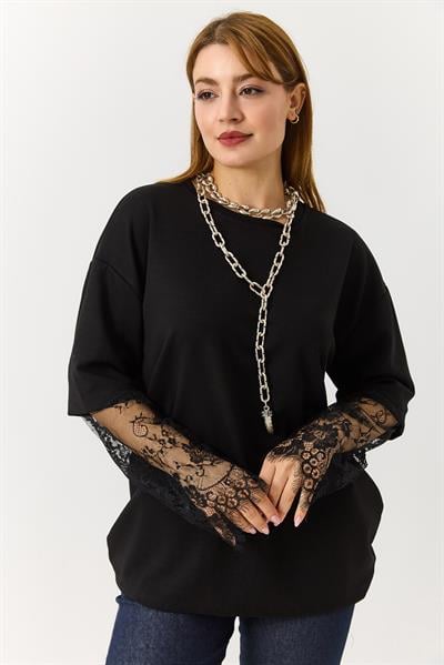 Kadın Kolu Tül Detaylı Oversize Tshirt Siyah