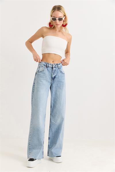 Kadın Bol Kesik Paça Şık Kot Pantalon  Açık Mavi