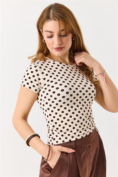 Kadın Puantiyeli Bisiklet Yaka Kısa Kollu Bluz Kahverengi