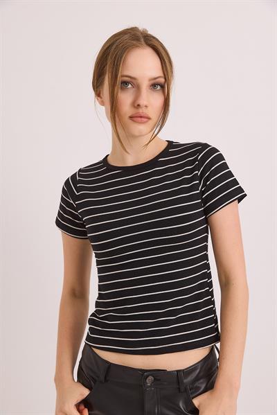Kısa Kol Likralı Kompak Çizgili Tshirt Siyah