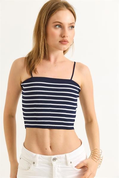 İp Askılı Crop Triko Bluz Lacivert