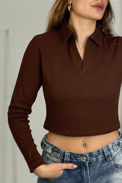 Kadın Polo Yaka Fitilli Crop Bluz Kahverengi
