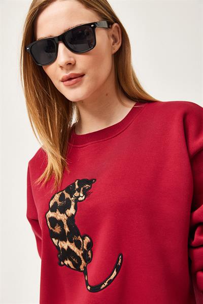 Leopar Baskılı Üç İplik Şardonlu Sweatshirt Bordo