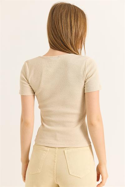 Yaka V Detay Kısa Kol Kaşkorse Bluz Vizon