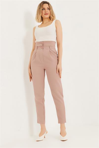 Çift Düğmeli Yüksek Bel Palazzo Pantolon Sütlü Kahve