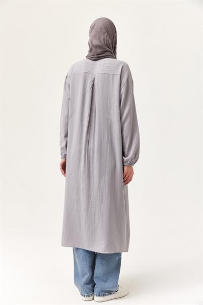 Keten Düğmeli Uzun Tesettür Tunik Gri