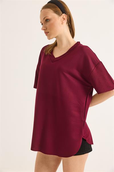 V Yaka Arkası Uzun Basic Tshirt Bordo