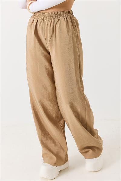 Kadın Bol Kesim Tensel Kumaş Beli Lastikli Sütlü Kahve