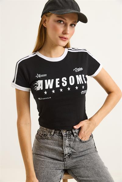 Bisiklet Yaka Baskılı Crop Tshirt Siyah