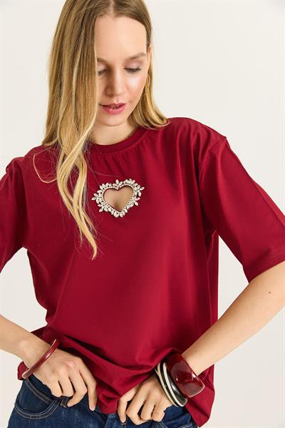 Kalp Detaylı  Oversize Kadın Tshirt Bordo