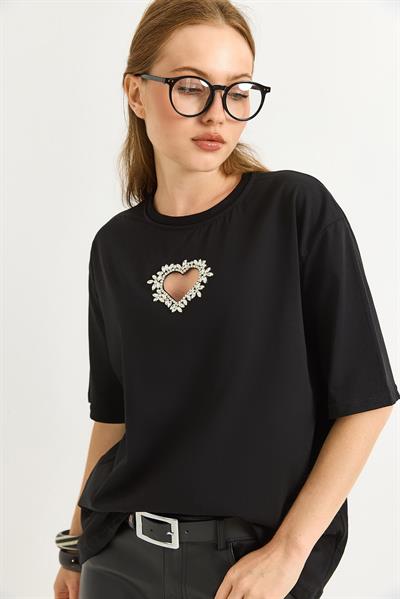 Kalp Detaylı  Oversize Kadın Tshirt Siyah