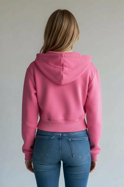 Kadın Kapüşonlu Fermuarlı Pembe Crop Sweat
