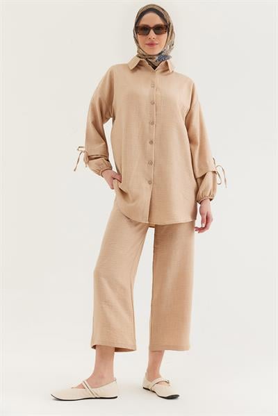 Kol Büzgülü Gömlek Pantolon İkili Takım Krem