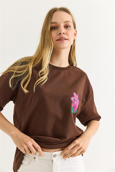 Baskılı Bisiklet Yaka Basic Tshirt Kahverengi