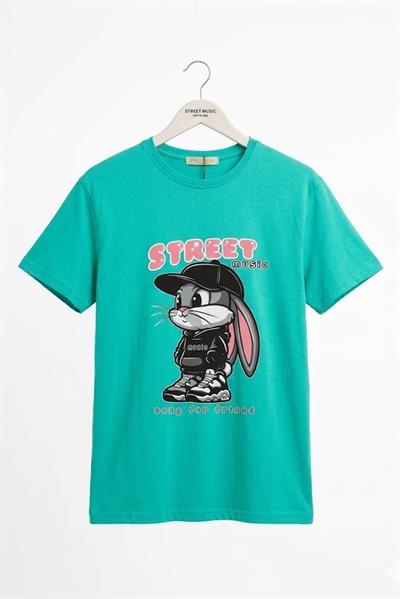 Kadın Baskılı Bisiklet Yaka Kısa Kol Tshirt Yeşil