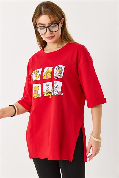 Kadın Yanı Yırtmaçlı Oversize Basic Tshirt Kırmızı