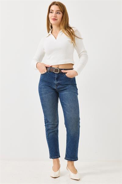 Kadın Mom Kemerli Kot Pantolon  Lacivert