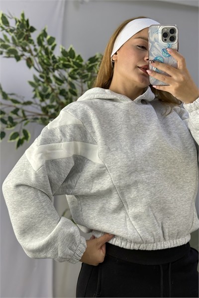 Kadın Beli Lastikli Şerit Detaylı Kapüşonlu Sweat Gri