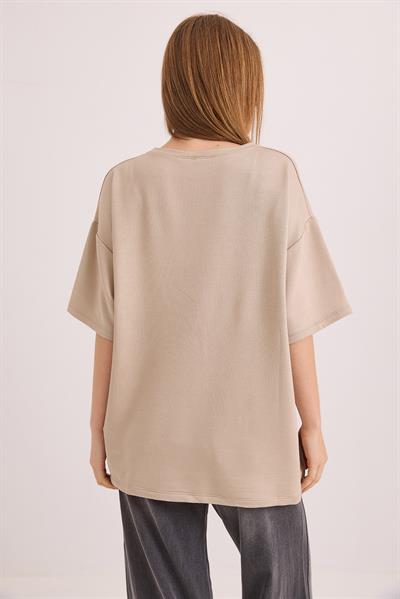 Oversize Yumuşak Dokulu Salaş T-Shirt Vizon