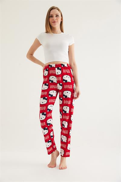  Beli Lastikli Kadın Pijama Altı Kırmızı