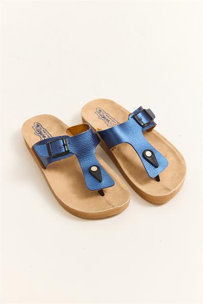 Suni Deri Parmak Arası Terlik Mavi