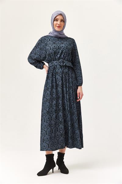 Desenli Bel ve Bilek Lastikli Elbise İndigo
