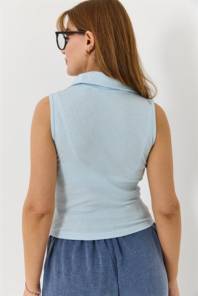 Sıfır Kol Polo Yaka Basıc Örme Kaşkorse Bluz Bebe Mavisi
