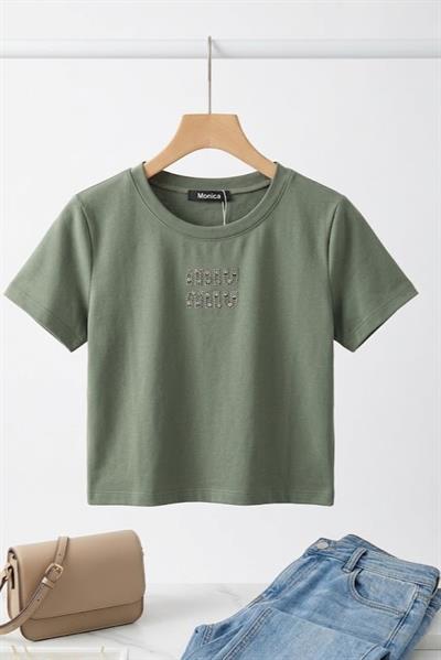 Kadın Bisiklet Yaka Kısa Kollu Crop Bluz Haki
