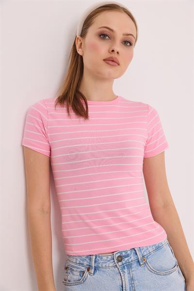 Kısa Kol Likralı Kompak Çizgili Tshirt Pembe