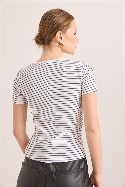 Yaka Detaylı Kaşkorse Çizgili Örme Bluz Beyaz