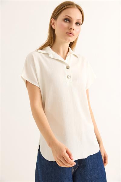 Polo Yaka Oval Kesin Kadın Tshirt Beyaz