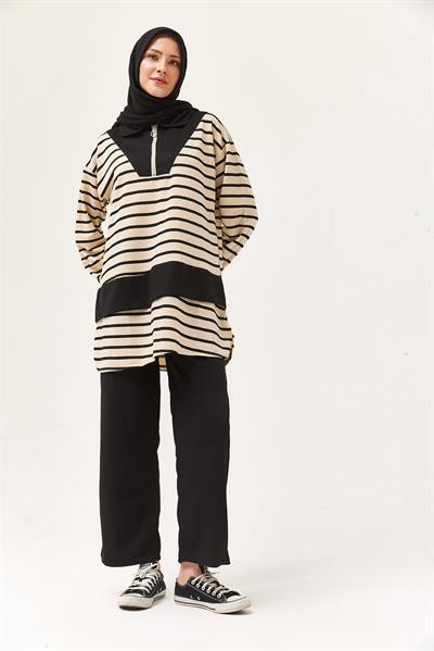 Fermuarlı Çizgili Gömlek Yaka Takım Siyah