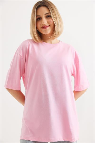 Oversize Bisiklet Yaka Basic Tshirt Pembe