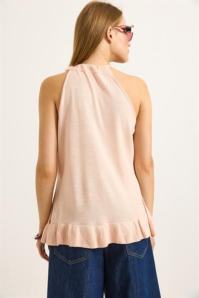 Boyundan Bağlamalı Triko Bluz Pudra