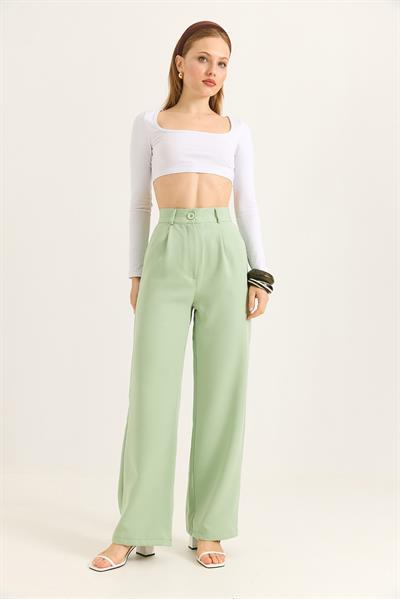 Yüksek Bel Bol Paça Yeşil Pantalon 