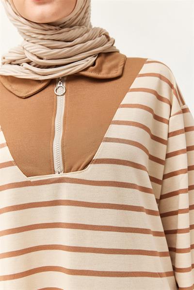 Fermuarlı Çizgili Gömlek Yaka Takım Vizon