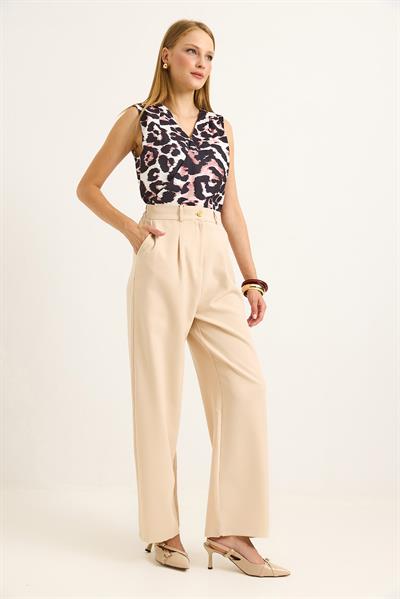 Yüksek Bel Bol Paça Pantalon Krem