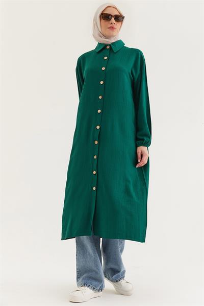 Keten Düğmeli Uzun Tesettür Tunik Yeşil